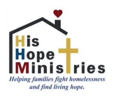 Logo of His Hope Ministries with a house, cross, and heart symbol.