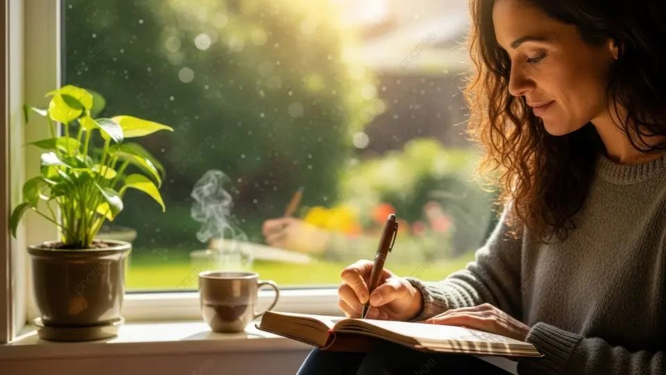 Woman writing in a journal by a sunny window with a steaming cup and a plant.