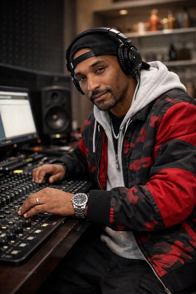 Man in headphones working at a music mixing console in a studio.