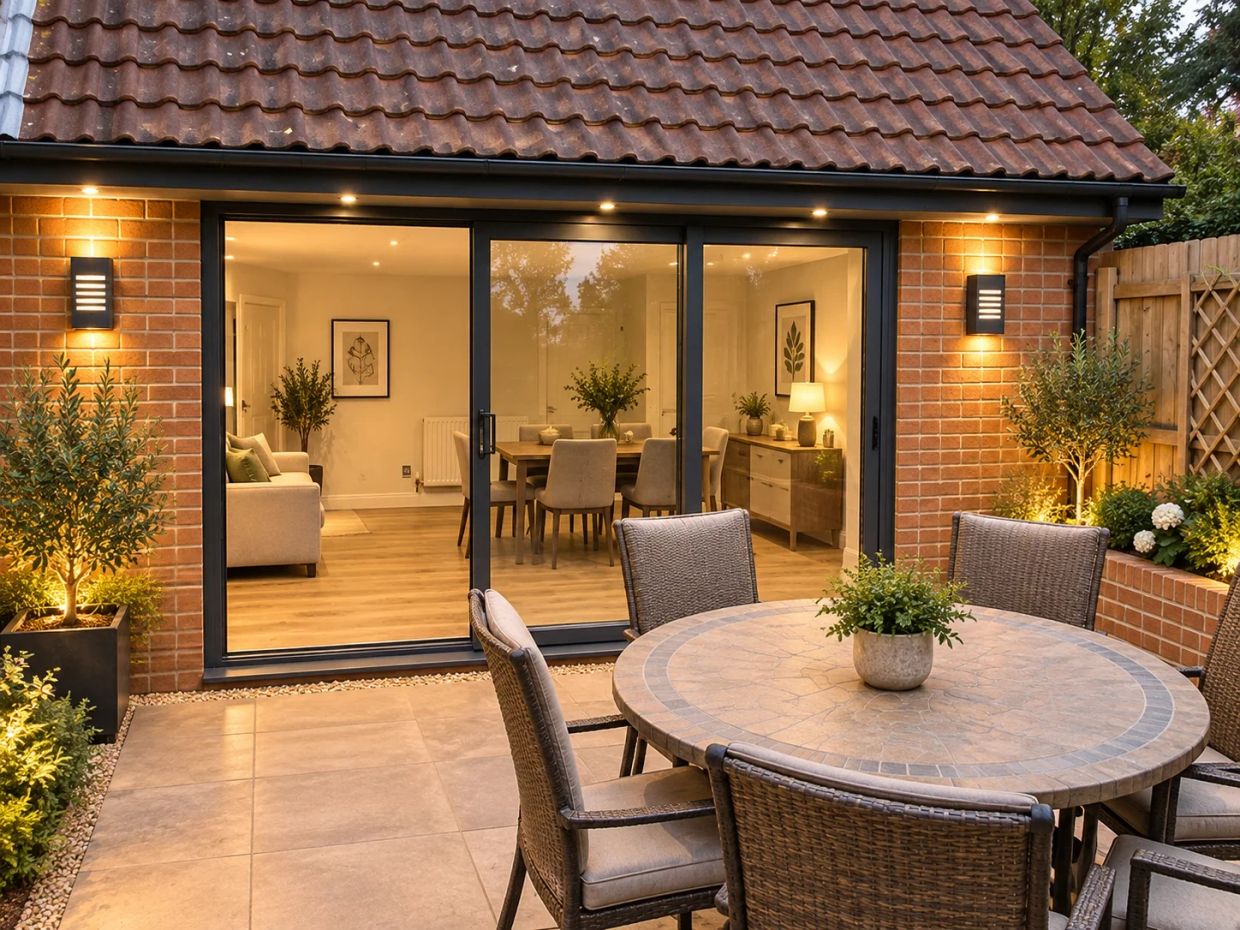 Cozy patio with round table and chairs outside a warmly lit living room.