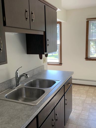Empty kitchen countertop with a double sink and dark cabinets.