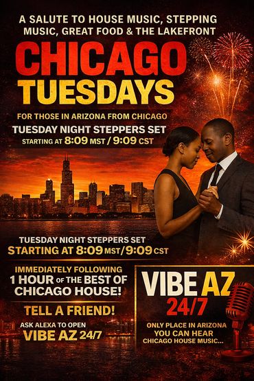 Chicago Tuesdays event with house music, dancing, and great food, starting at 8:09 MST/9:09 CST.