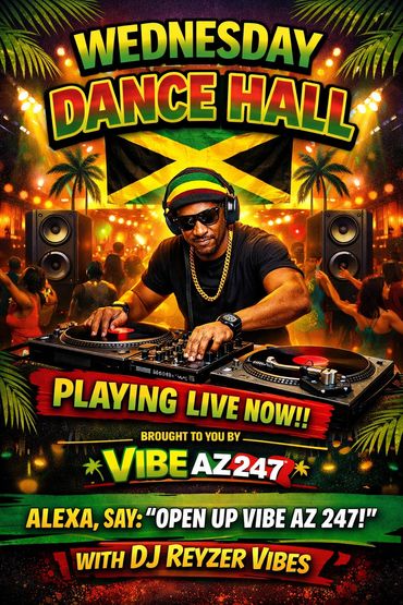 DJ Reyzer Vibes playing live at Wednesday Dance Hall with vibrant Jamaican-themed party vibes.