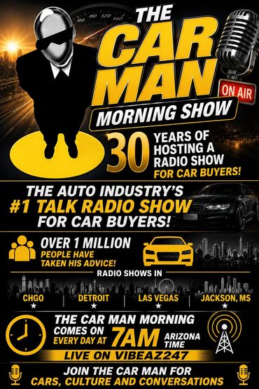 Promotional poster for The Car Man Morning Show, a top talk radio show for car buyers.
