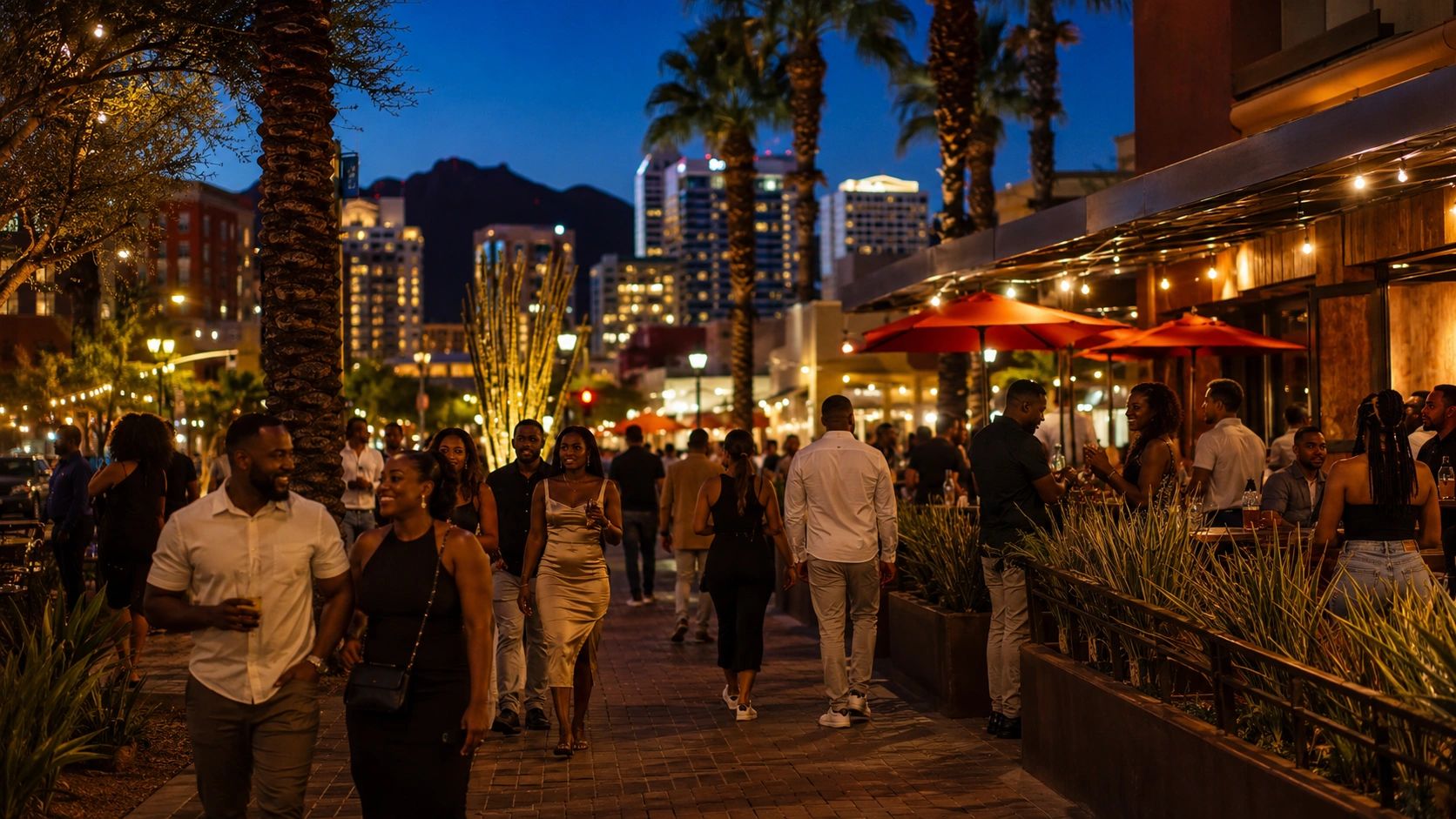 People enjoying an evening stroll in a lively city area with illuminated buildings and palm trees.
