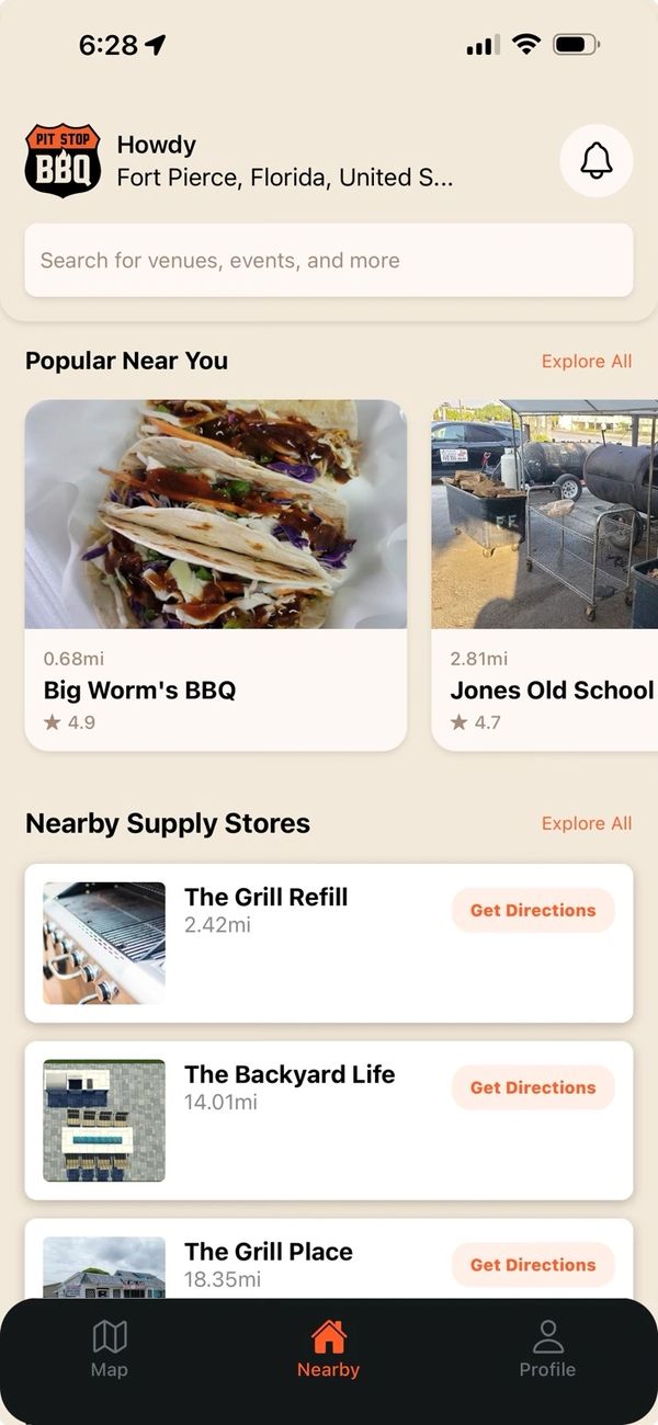 Pit Stop BBQ home screen showing popular nearby BBQ restaurants and supply stores.
