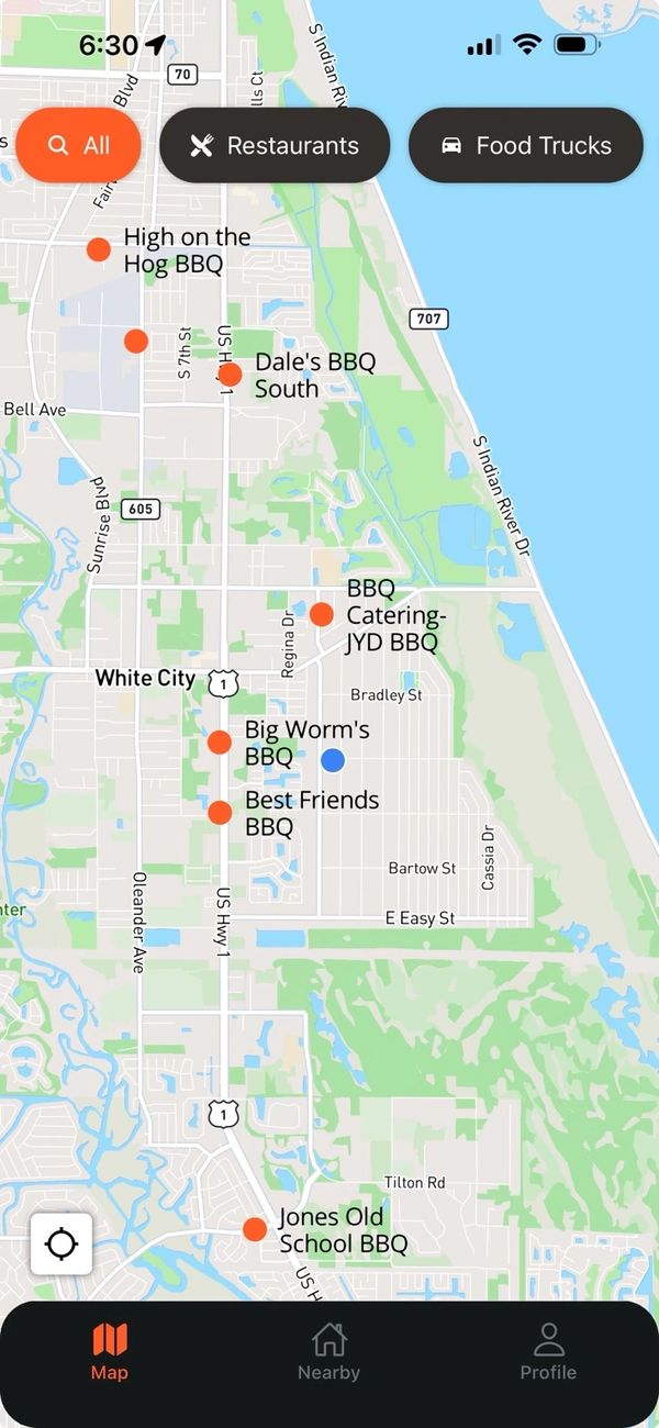 Pit Stop BBQ map showing nearby BBQ restaurants and food trucks.