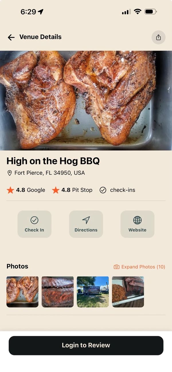 Pit Stop BBQ venue details screen with photos, ratings, check-in, directions, and website buttons.