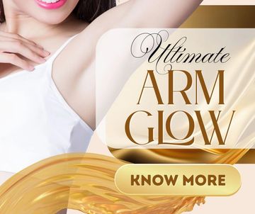 Woman showing glowing underarm skin with text promoting ultimate arm glow.