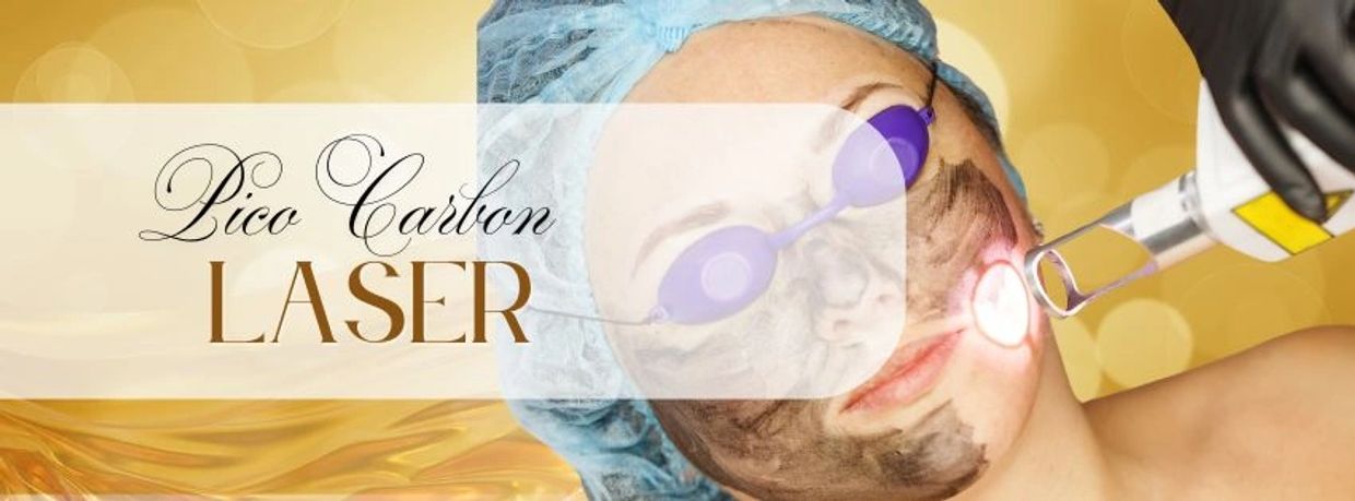 Woman undergoing pico carbon laser facial treatment with protective eye goggles on.