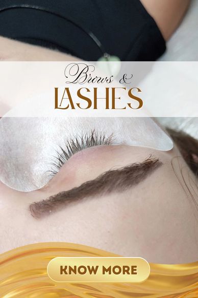 Close-up of perfectly groomed eyebrow and lashes with promotional text.