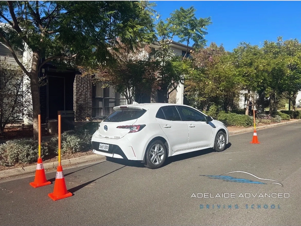 White car parked on a street with orange cones and greenery around.