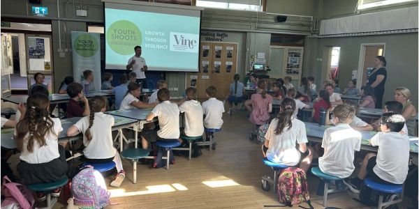 Classroom presentation with students seated at tables.