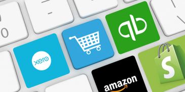Keyboard keys featuring logos of Xero, Amazon, QuickBooks, Shopify, and a shopping cart.