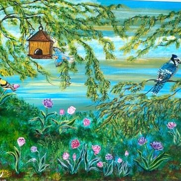 A painting of the peaceful tulip meadow