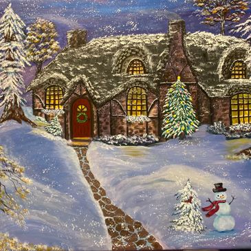 A painting of the house covered by snow