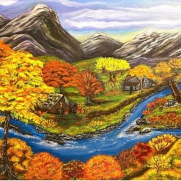 A painting of the river and mountains