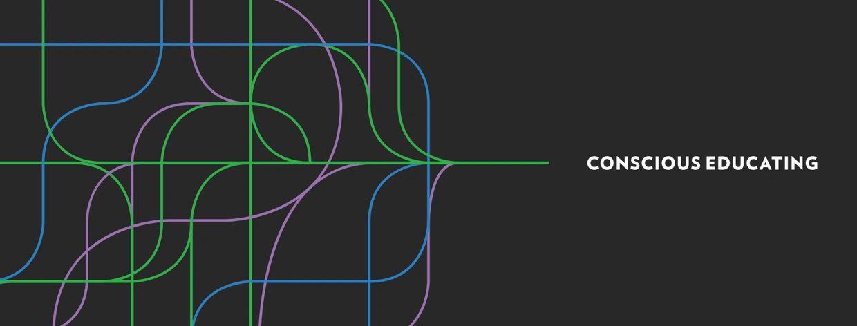 Green, purple, blue lines, looking like wires, converge into one line, stating Conscious Educating.