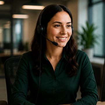 Woman with headset smiling in office.