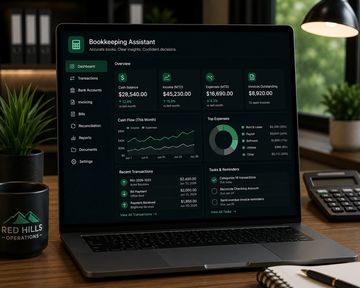 Laptop showing bookkeeping assistant software with financial data.