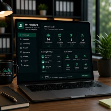 Laptop screen shows HR Assistant dashboard with employee data and tasks.