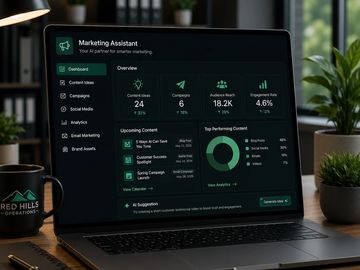 Laptop screen showing a marketing assistant dashboard interface.