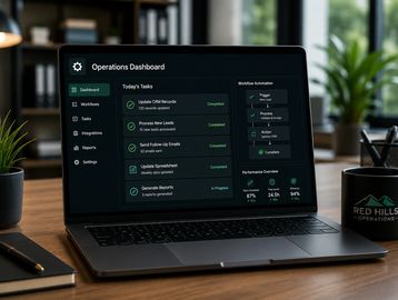 Laptop displaying an operations dashboard with today's tasks.