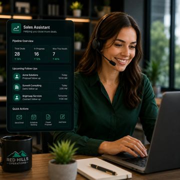 Woman using sales assistant software on laptop.