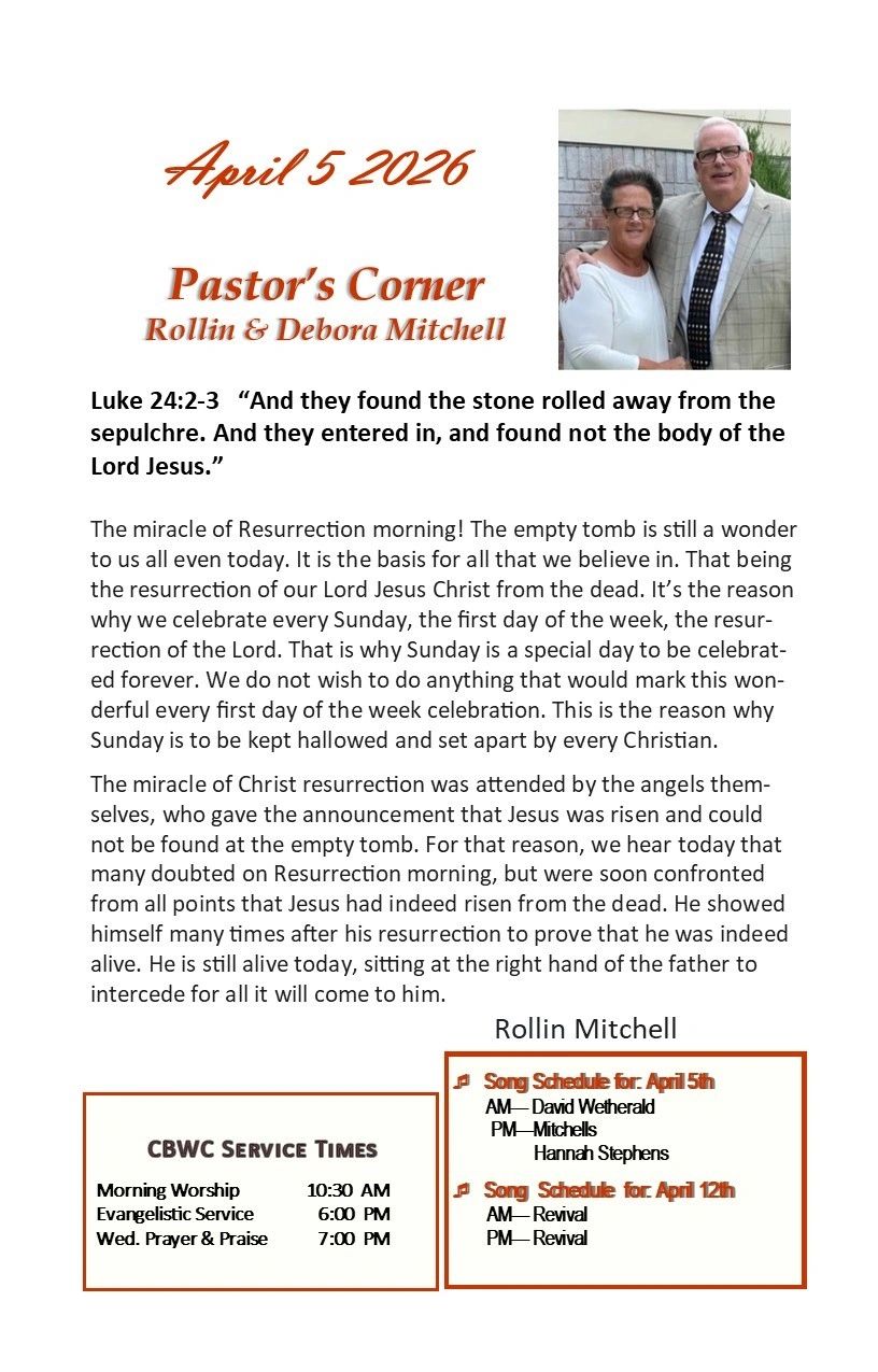 Pastor's Corner message on Resurrection Sunday by Rollin & Debora Mitchell.