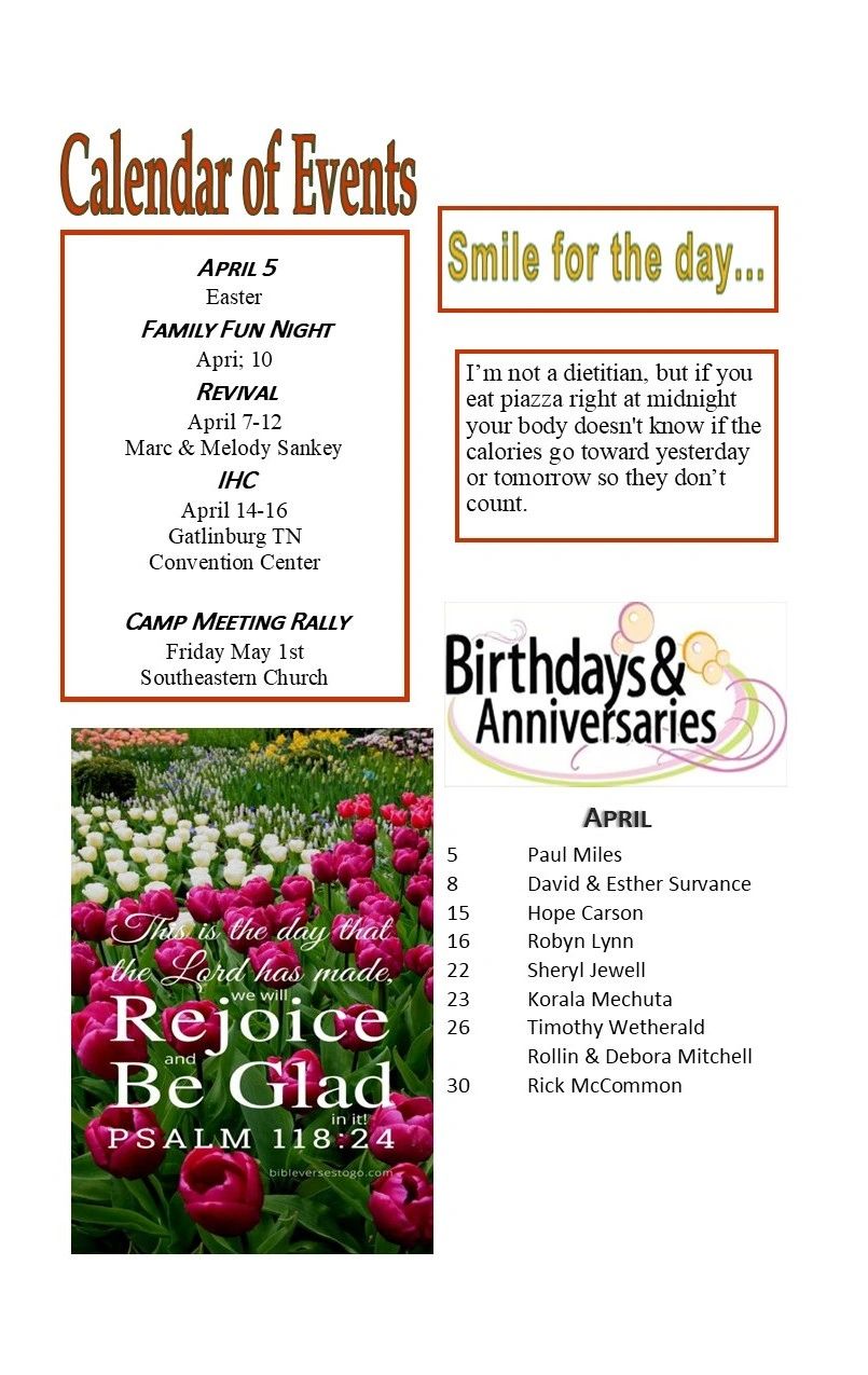 Calendar of church events, birthdays, and a daily smile with a Bible verse on a floral background.