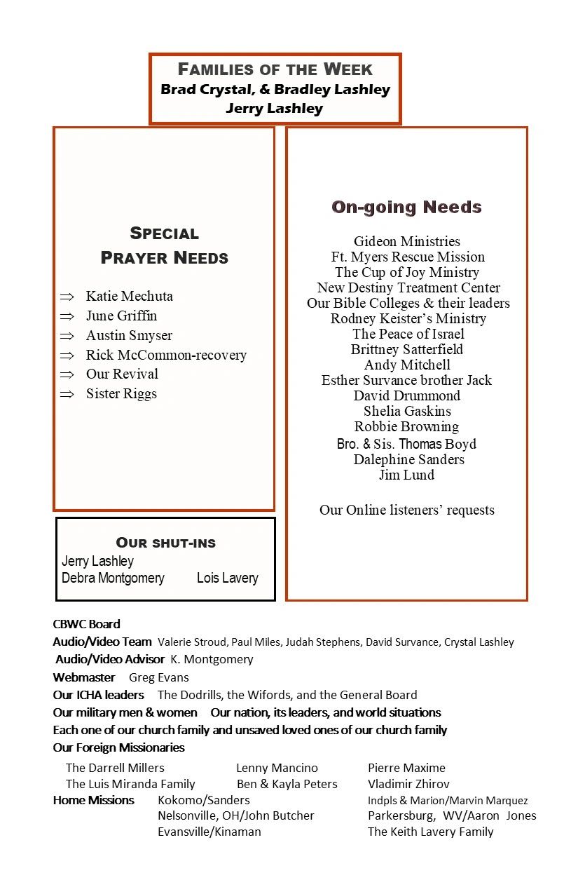 Church prayer and ministry needs with families of the week and ongoing support requests.