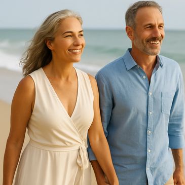 Couple walking on the beach, reflecting renewed intimacy and confidence from the O-Shot® treatment.