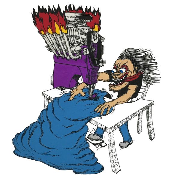 Cartoon of a wild character using a flaming sewing machine to stitch fabric.