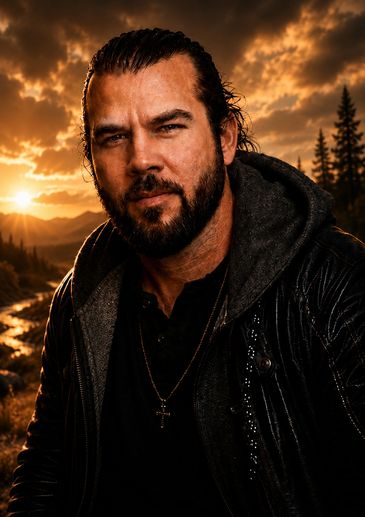 Man with beard at sunset in nature.