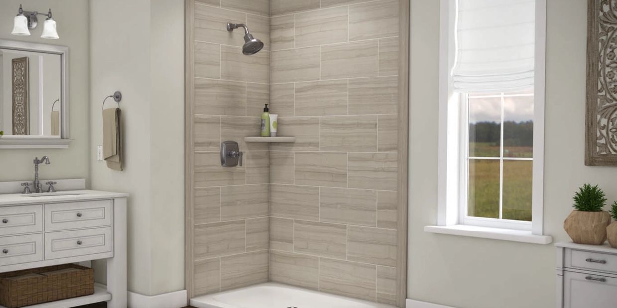 Shower walls can be solid surface panels, or acrylic panels that “look” like tile, but have no grout