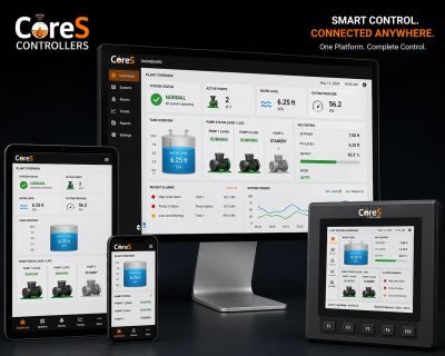 CoreS Controllers smart control system displayed on various devices.