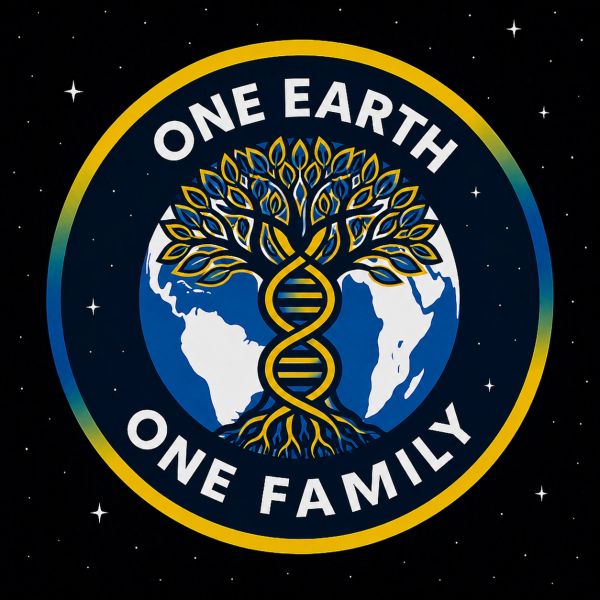 Logo with DNA tree symbolizing one Earth and one family.