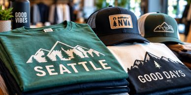 Stacked Seattle-themed shirts and hats with positive messages.