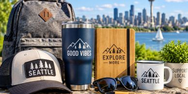 Seattle-themed travel essentials with city skyline background.
