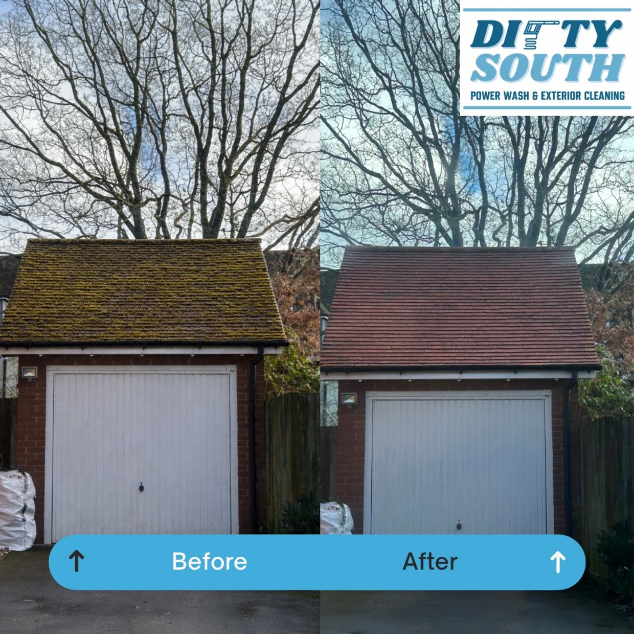 Before and after images of a moss-covered garage roof cleaned to reveal clean tiles.