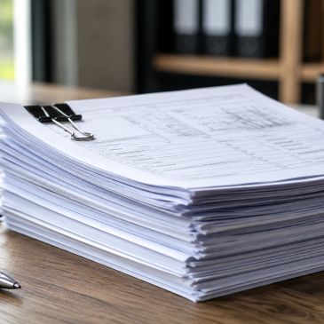 Stack of paperwork clipped together on a desk.
