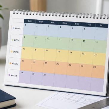 Color-coded weekly calendar on a desktop stand.