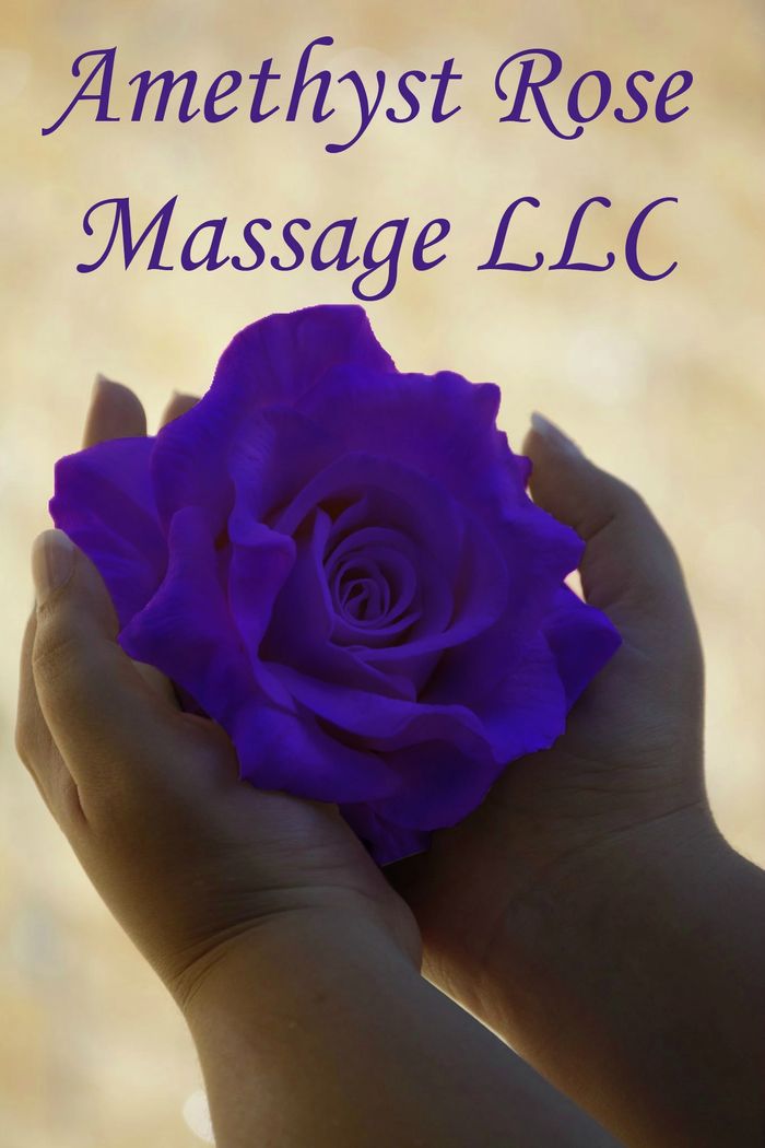 Hands holding an amethyst purple rose with the business name Amethyst Rose Massage LLC above hands