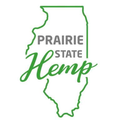 Green outline of the state of Illinois with text reading "Prairie State Hemp".