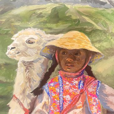 A painting of a little girl with a straw hat next to an alpaca, painted by Julie Brown.