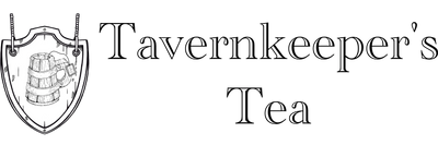 An illustration of a hanging wooden sign depicting a barrel mug. Text reads "Tavernkeeper's Tea".