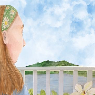 A painting of a woman looking over a railing at a lake shore, painted by Hallie Koenig.