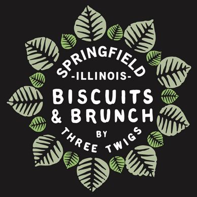 Biscuits and Brunch logo surrounded by leaves. 