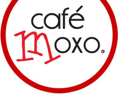 Café Moxo logo in black, white, and red.