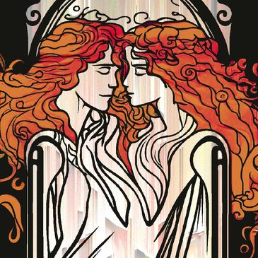 Art nouveau style drawing of two red headed people embracing. 